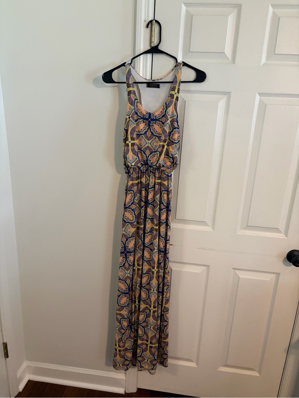 Renee C. Sleeveless Printed Maxi Dress in Blue and Peach